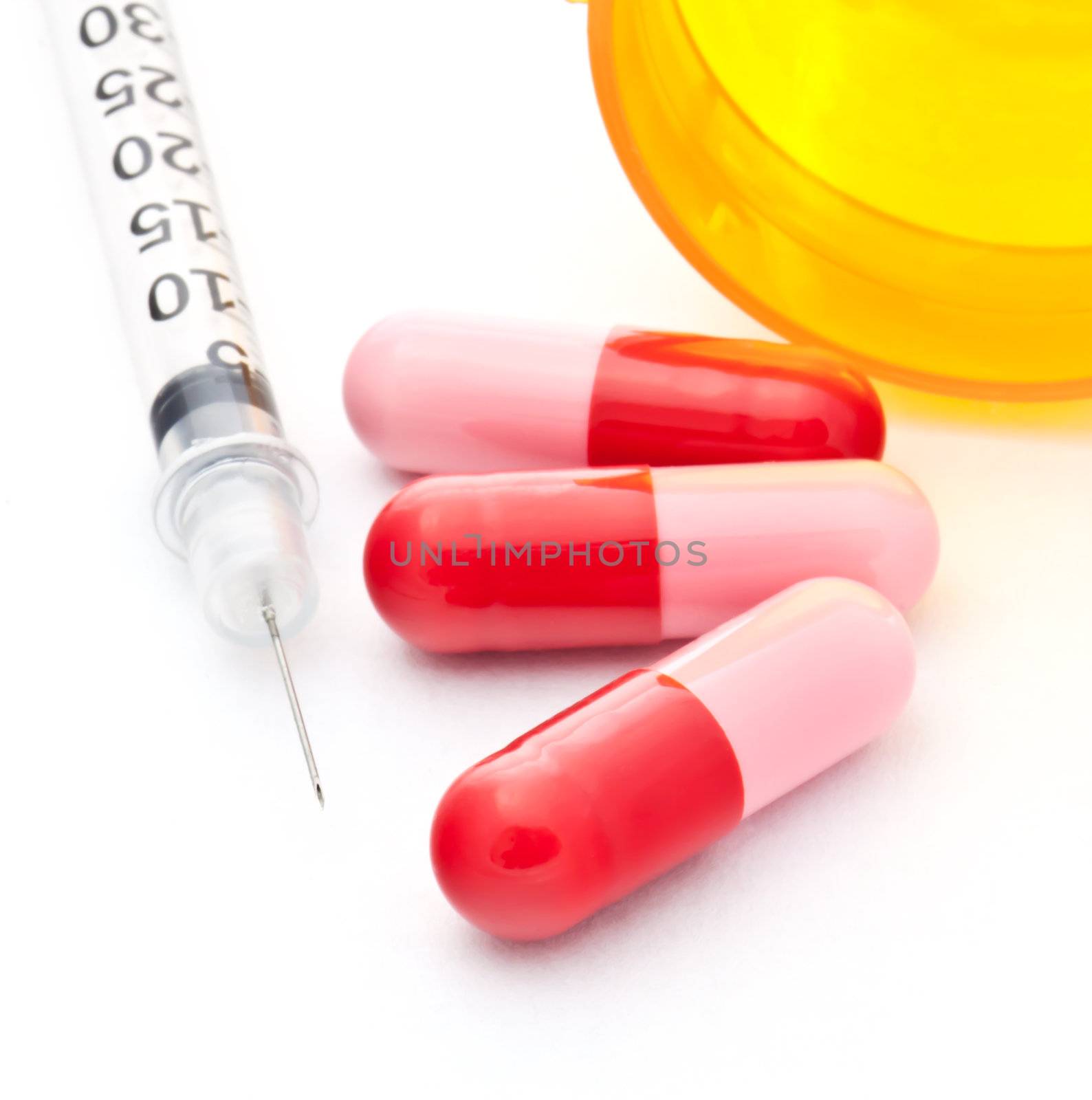 Syringe and Three Red Capsules by melpomene