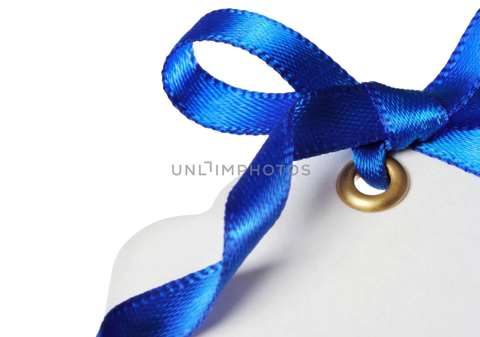 Price Tag with Blue Ribbon on White Background