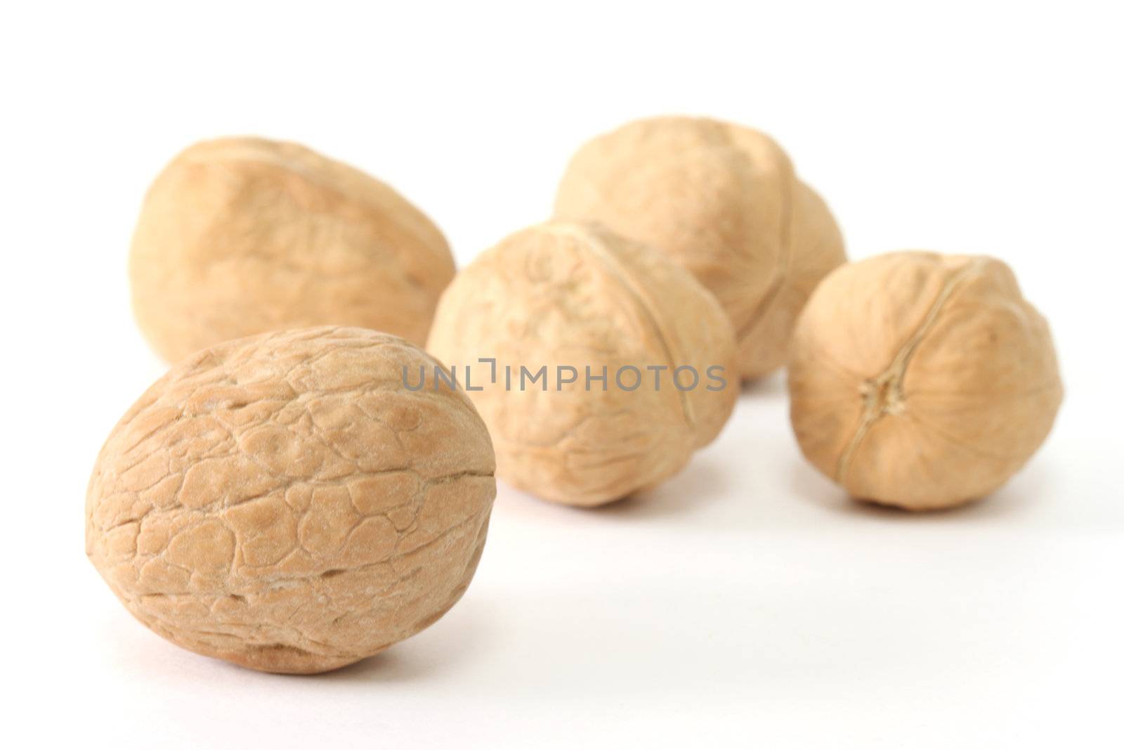 Five walnuts in shells isolated on white background