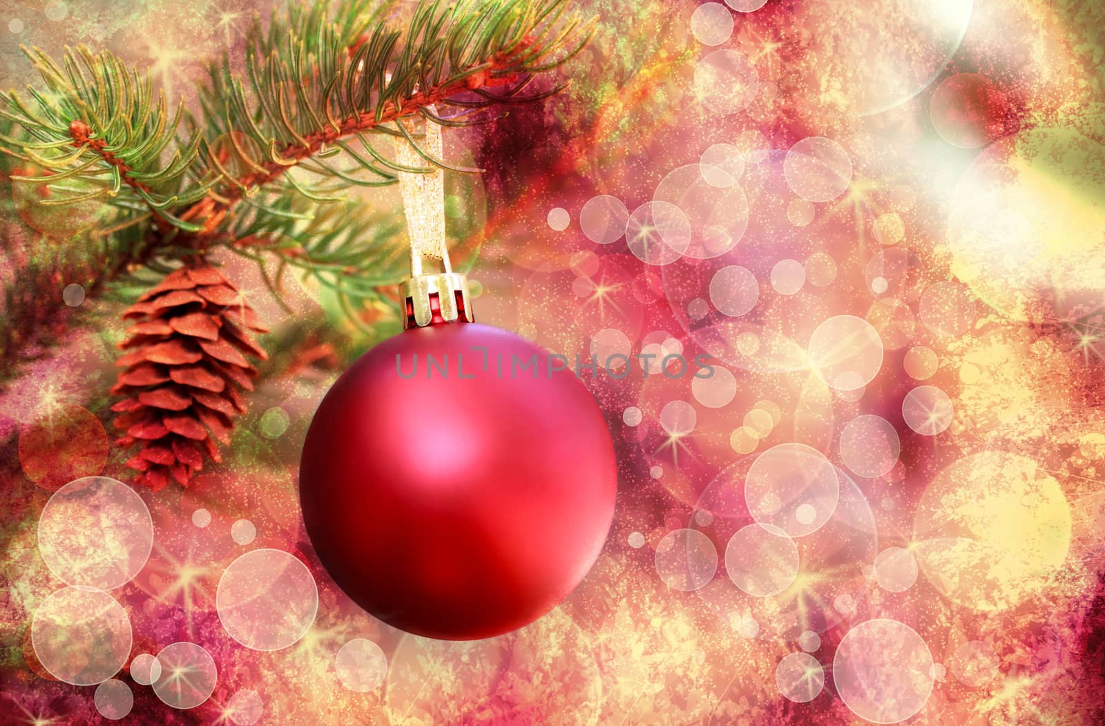 Christmas red ornament over colorful lights background