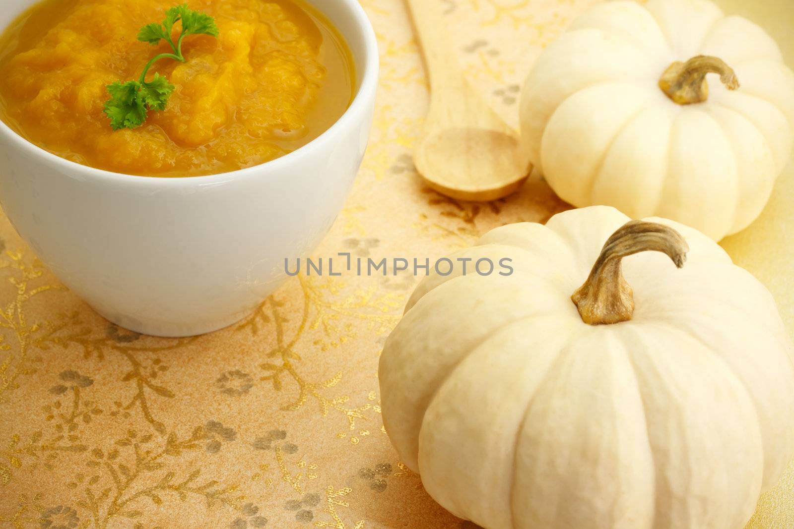 Pumpkin soup with white pumpkins on gold background