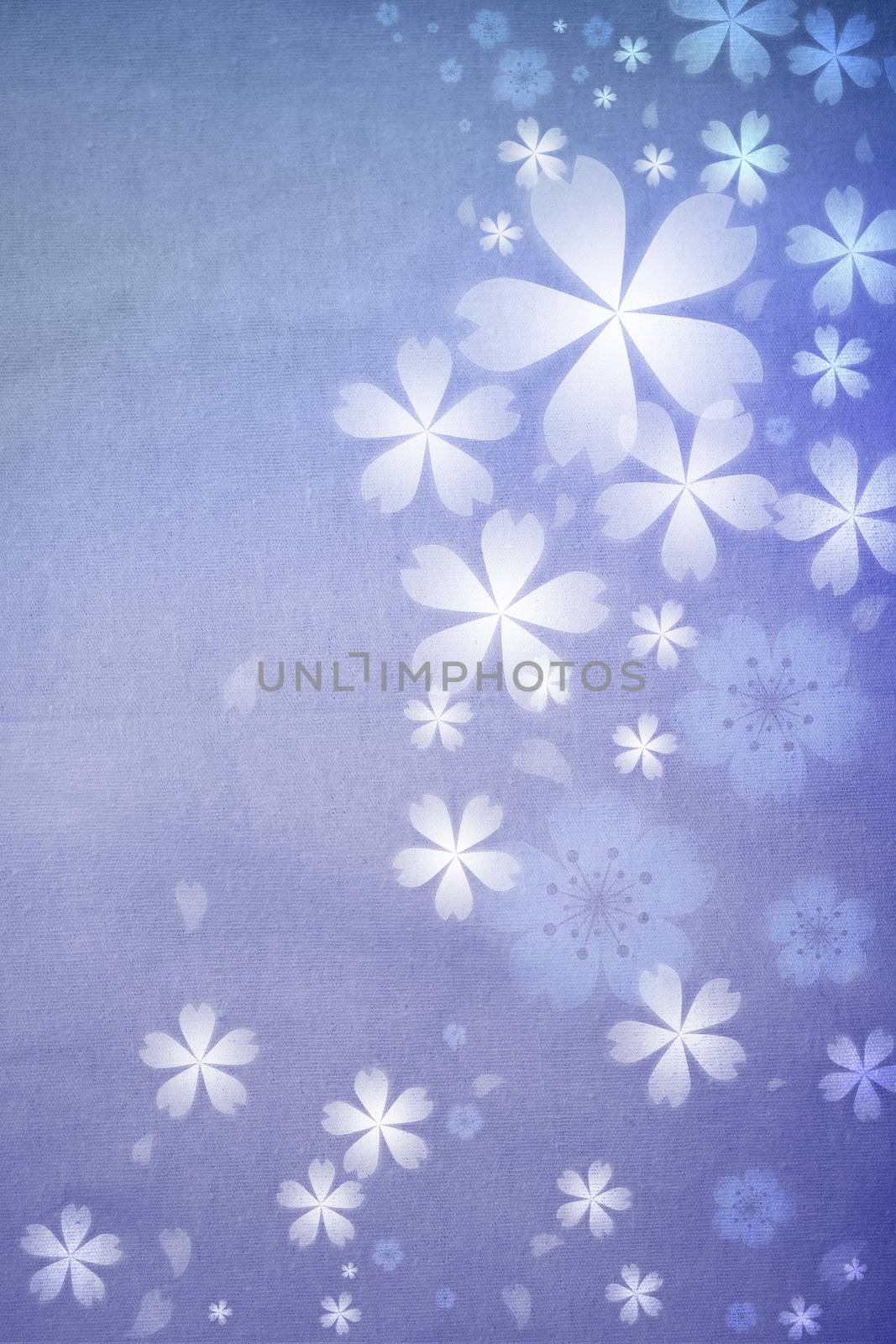 Blue colored cherry blossoms background with fabric pattern