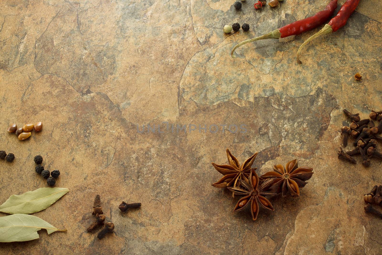 Collection on spices - star anise, cloves, chili peppers, laurel leave and corn peppers