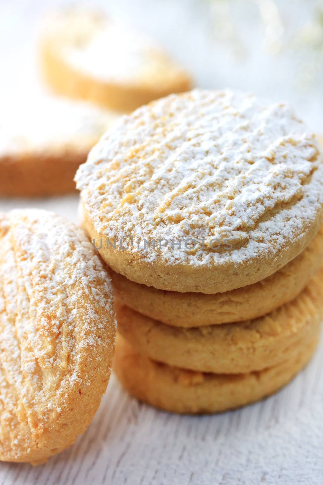 Cookies with powdered sugar on white wooden board