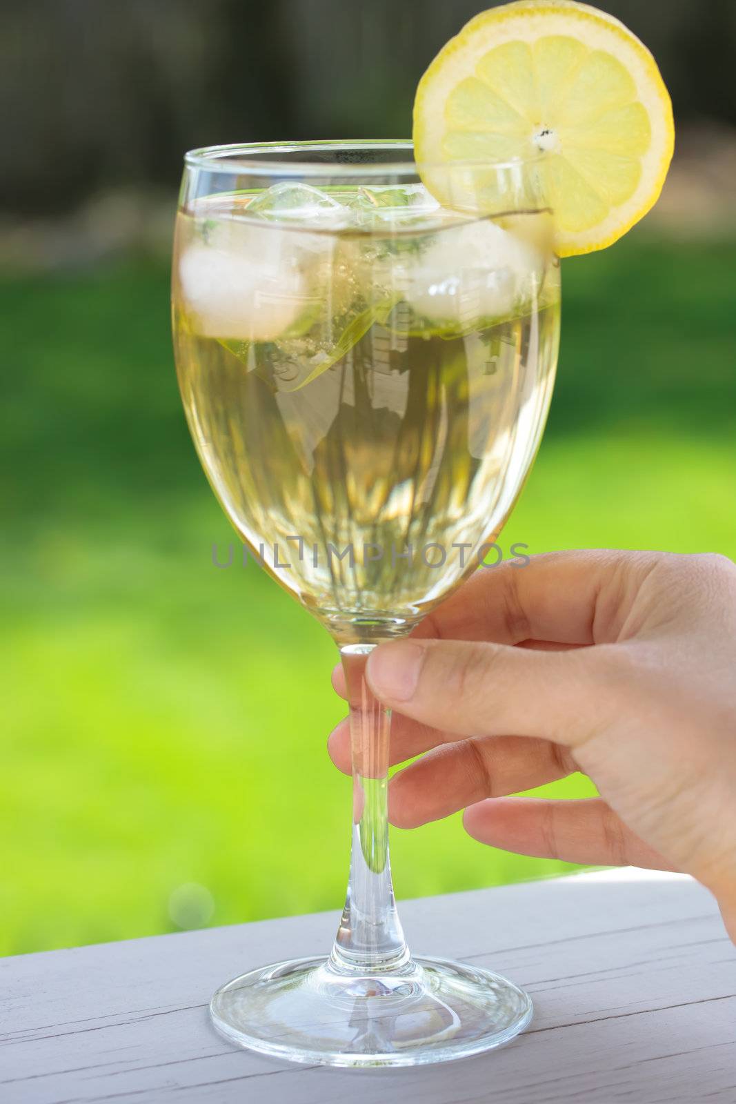 beverage with lemon in wine glass