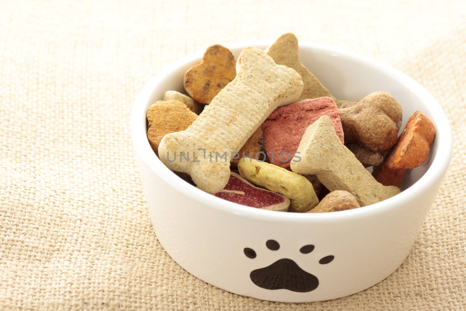 Dog food in bowl on burlap cloth