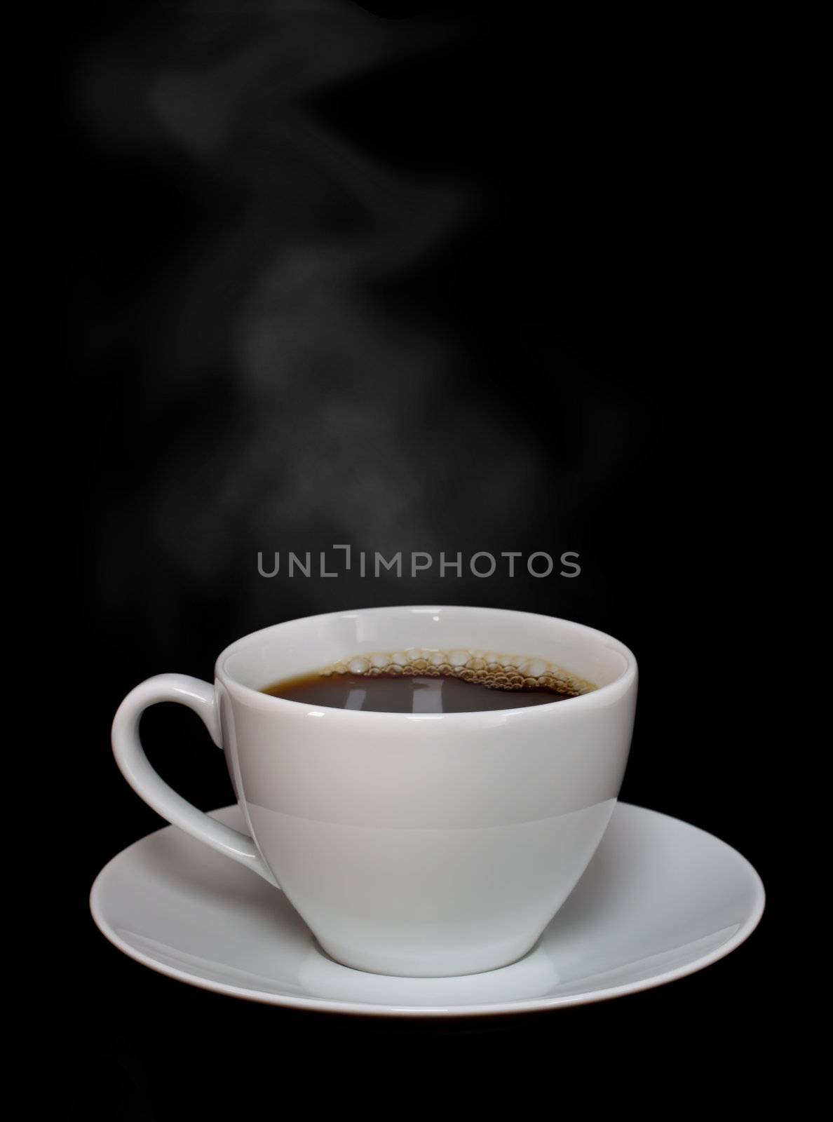 Cup of hot coffee with steam over black background 