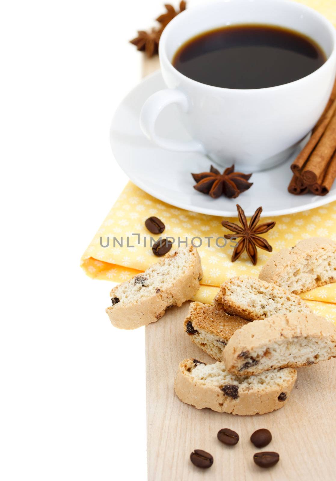 Coffee break - cup of coffee with biscuits with spices