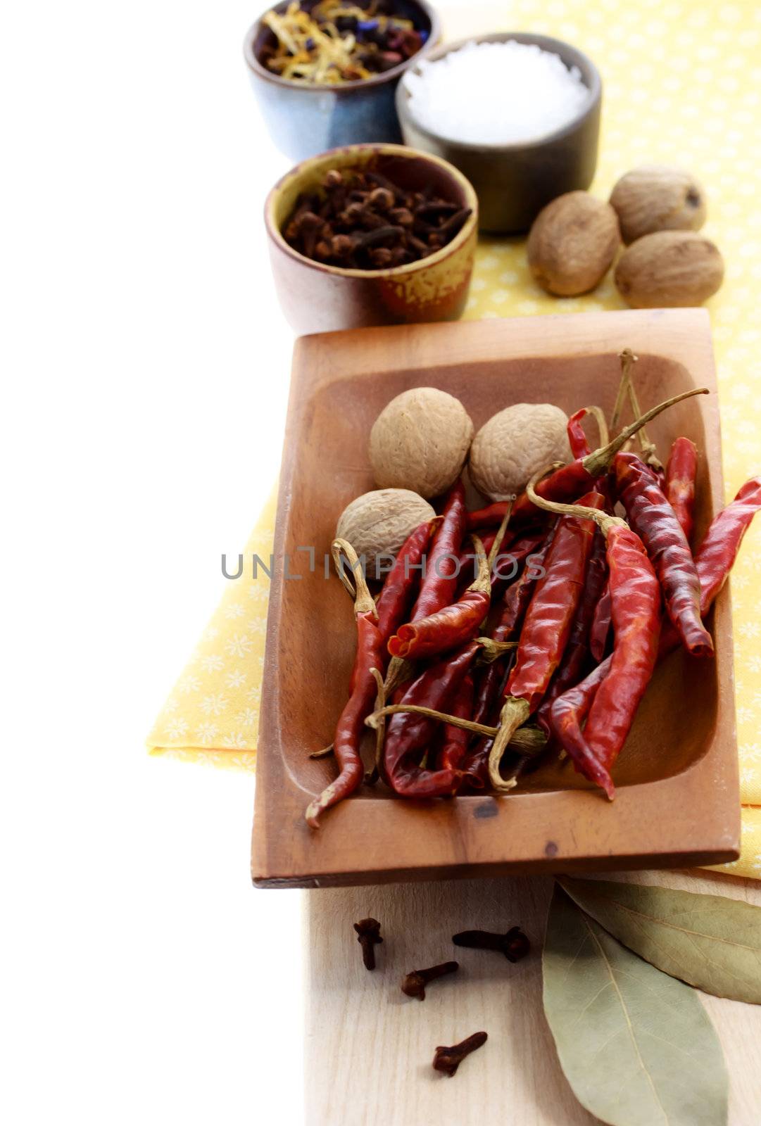 Assortment of spices on white background