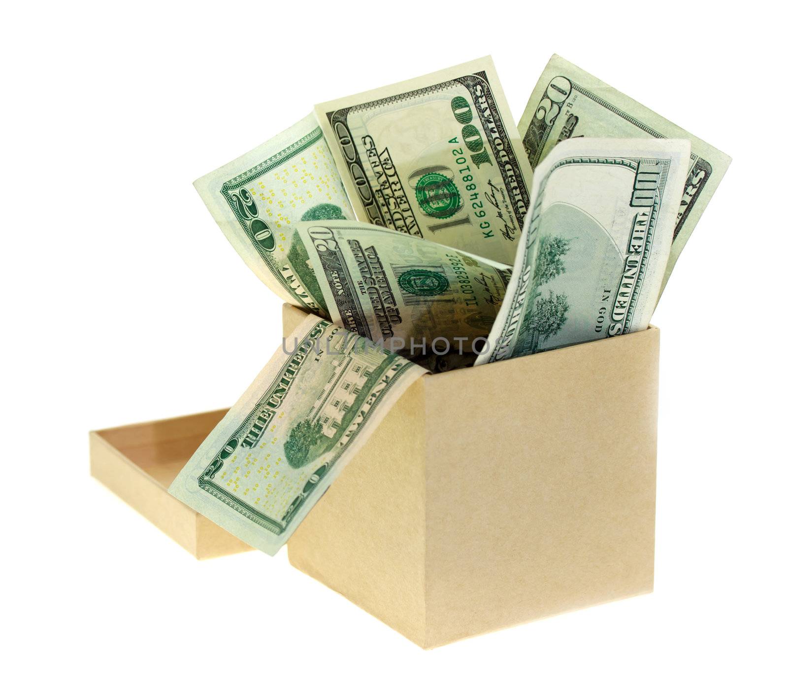 US dollar bills in the box on white background