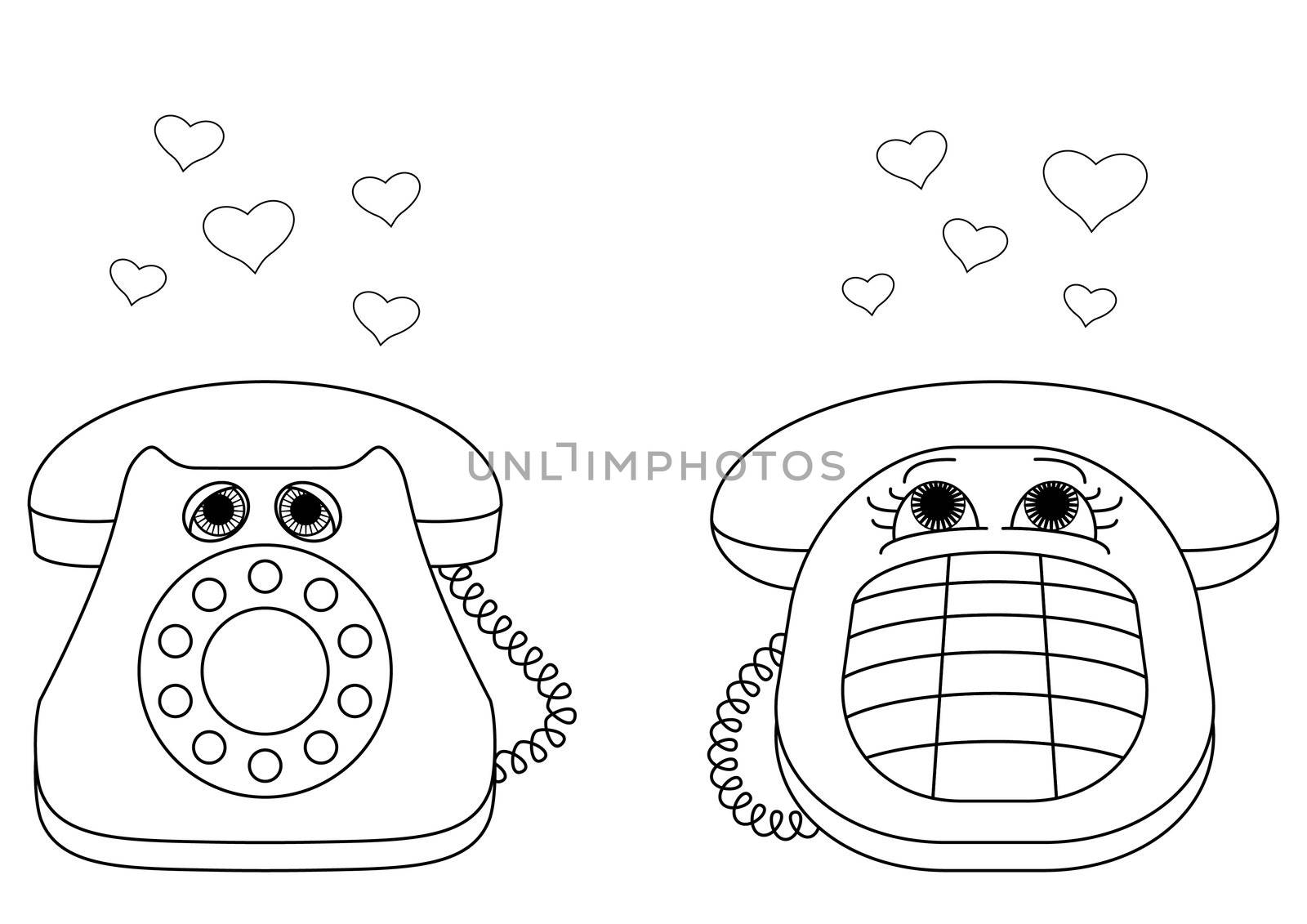 Valentines cartoon: desktop phones, enamoured each other, communicate calls, contours.