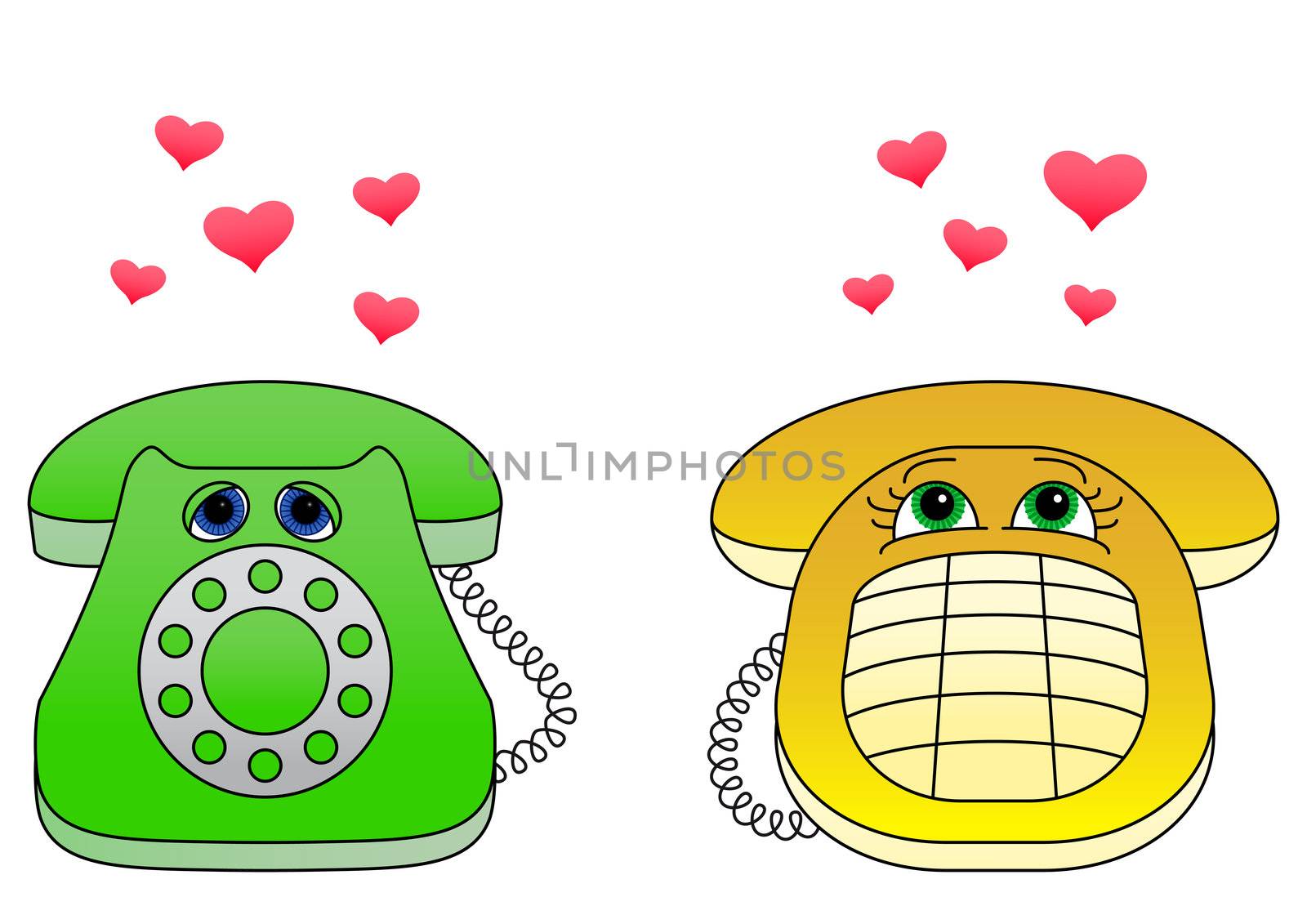Valentines cartoon: desktop phones, enamoured each other, communicate calls.