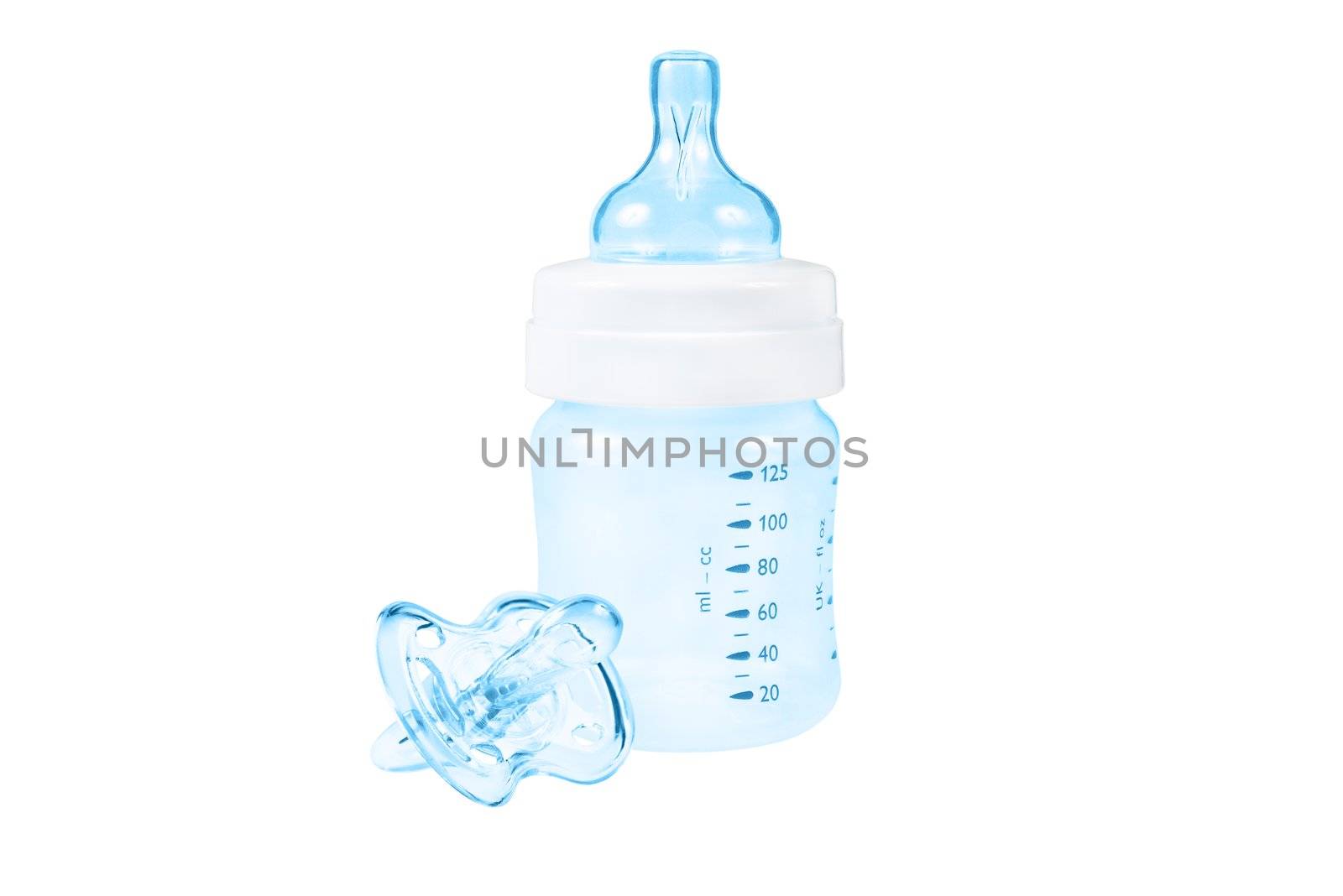 Baby bottle and pacifier. Blue color. Isolated.
