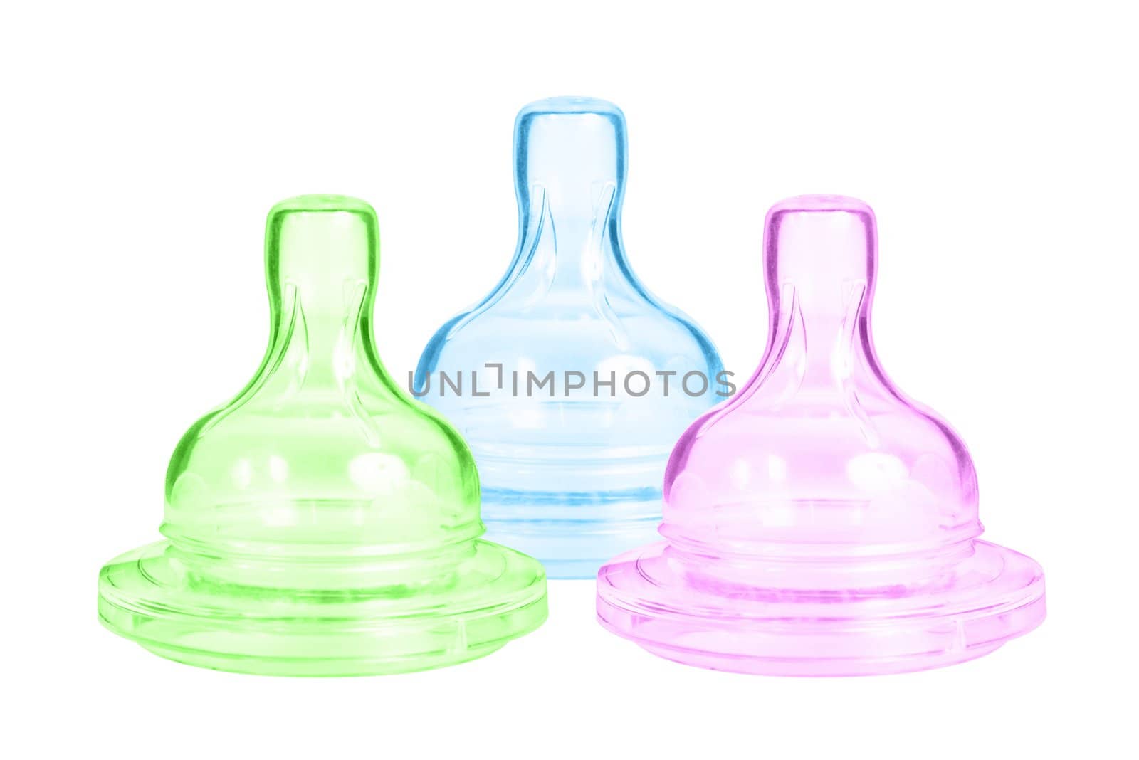 Three baby bottle pacifier. Blue, pink and green. Isolated