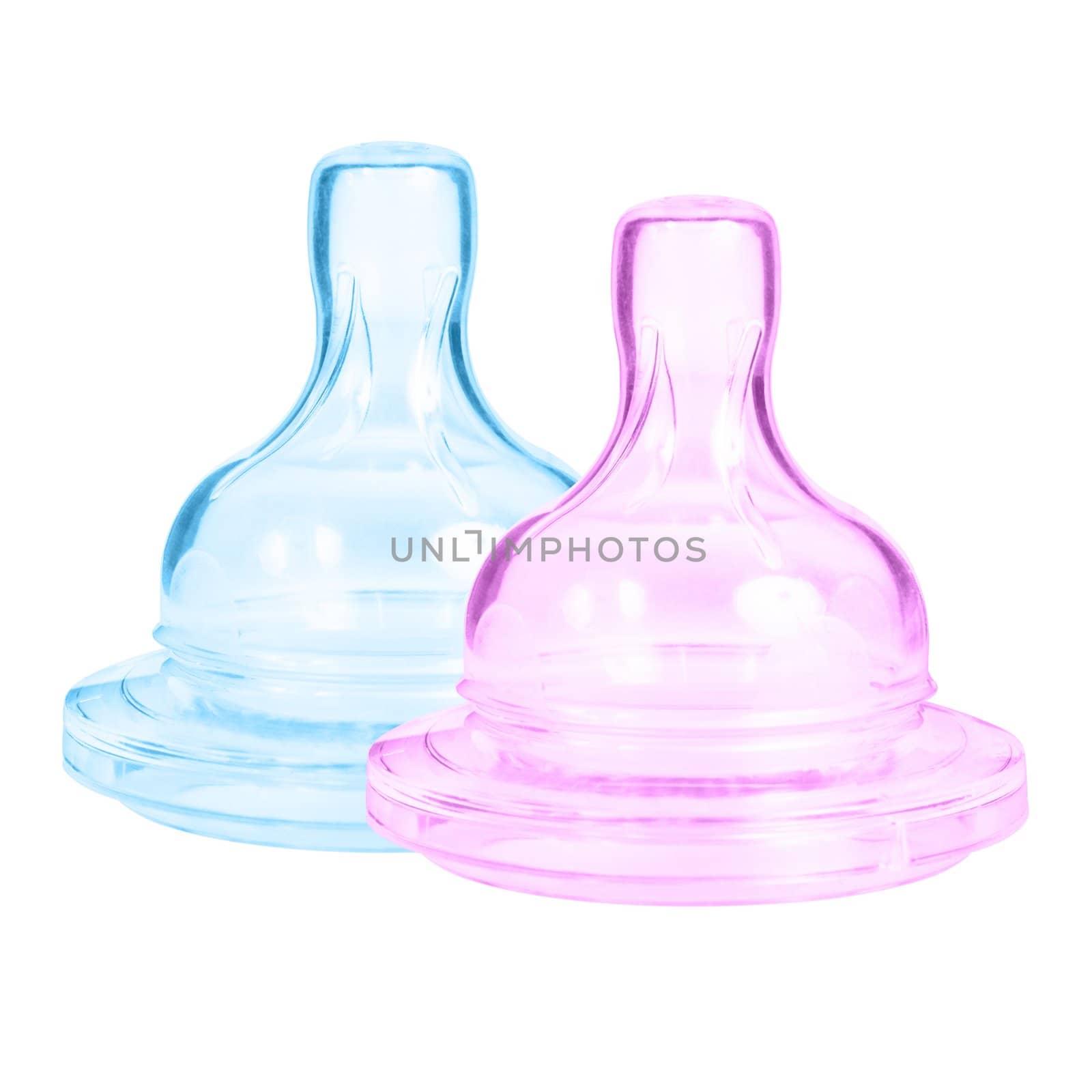 Baby bottle pink and blue pacifier. Isolated on white background