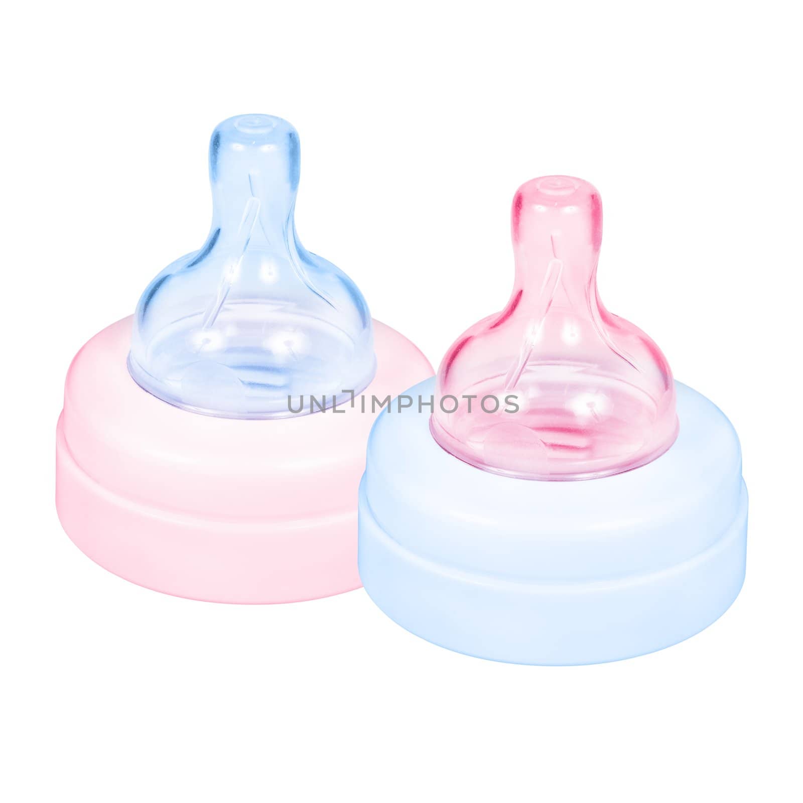 Baby bottle cap pink and blue pacifier. Isolated on white background