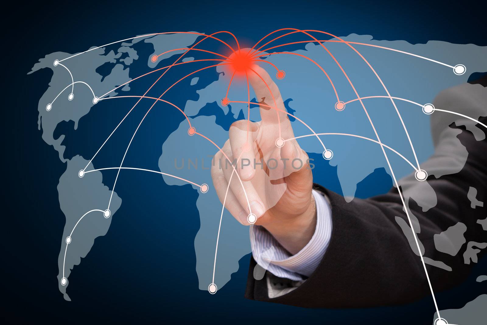 Business man touching world map screen. Social network.