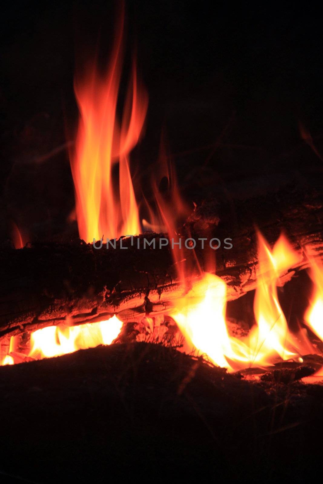 Burning logs of a sizzling campfire by night.