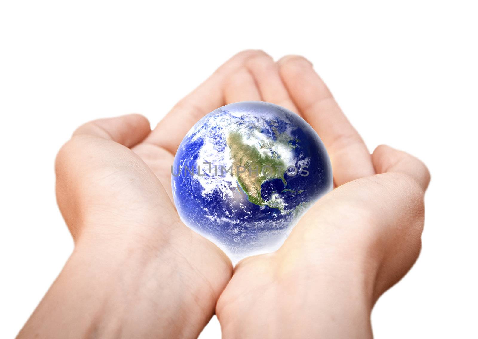 human hands carefully holding Earth planet. Glass World