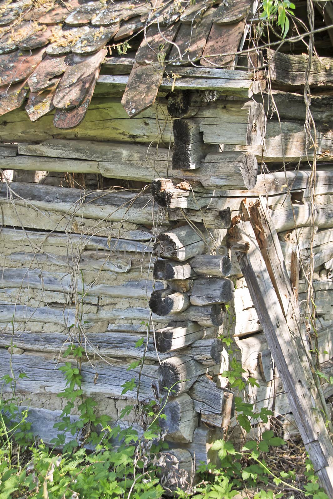 Detail of a neglected wooden block house