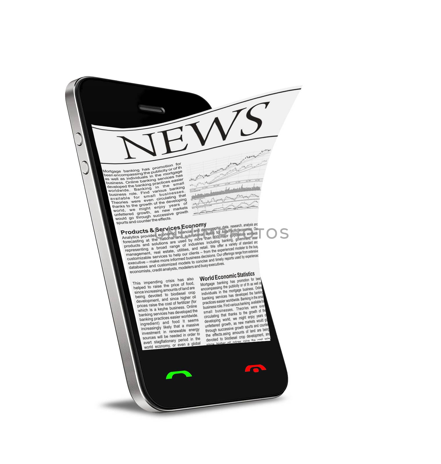 News on mobile phone, smart phone. Isolated on white.