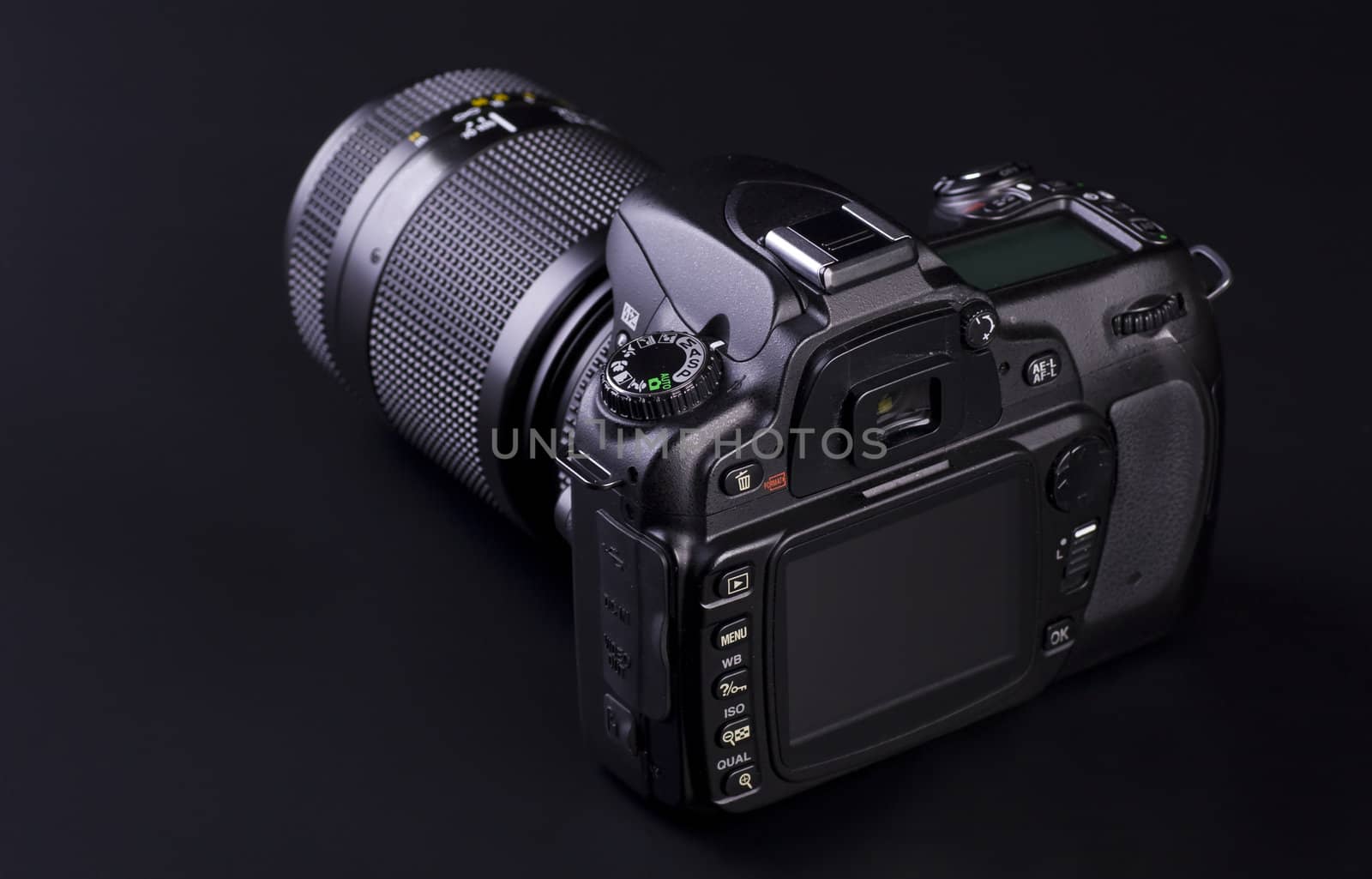 DSLR isolated on black with copy space. 