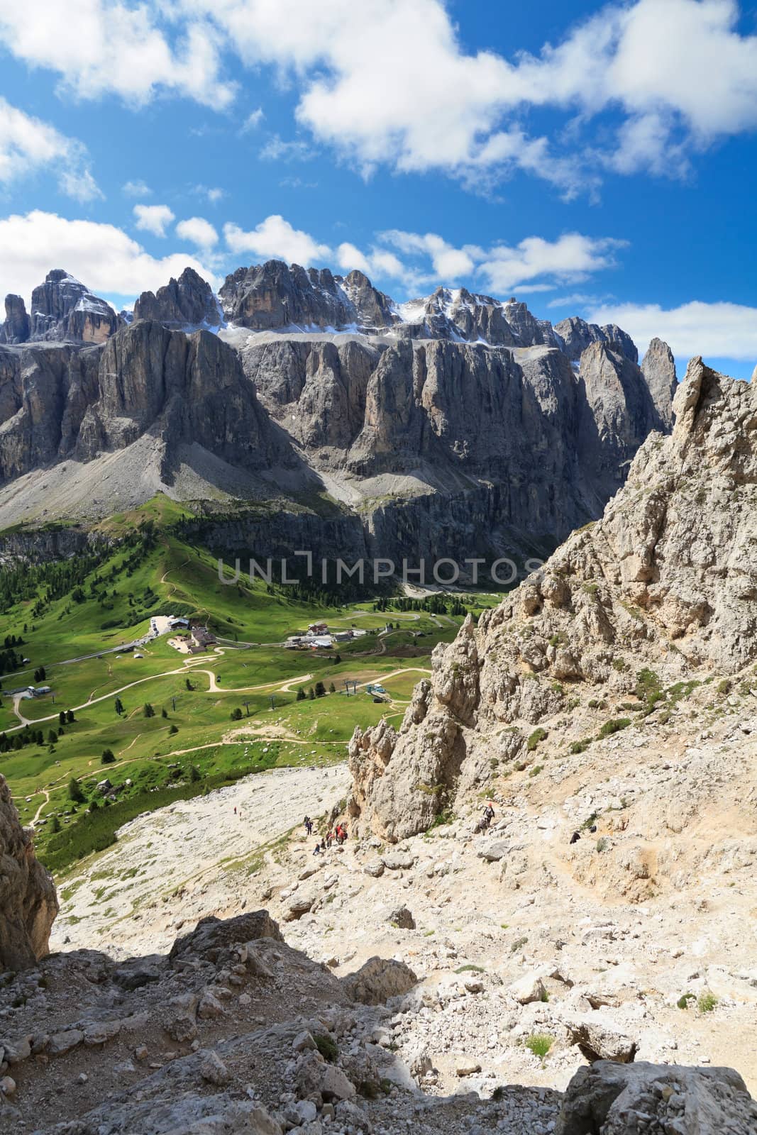 summer landscape and Sella mount and Gardena pass from Cir group, Italian Dolomites