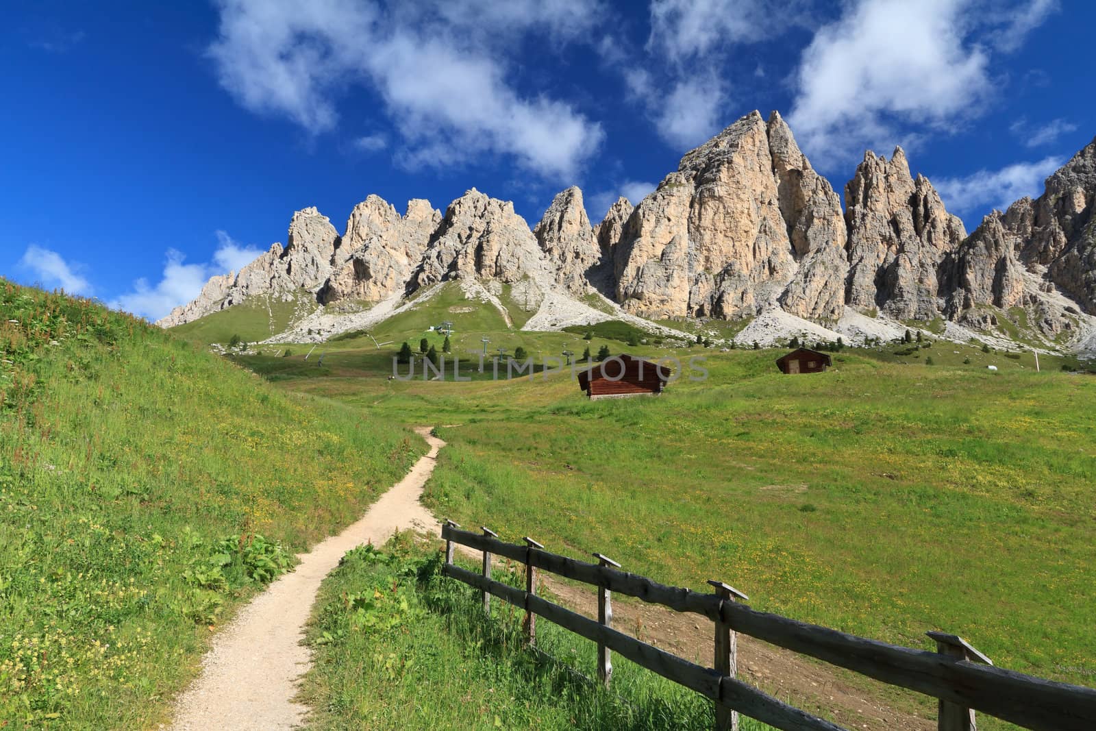 summer view of Cirspitzen montain from Gardena pass, Italian Dolomites
