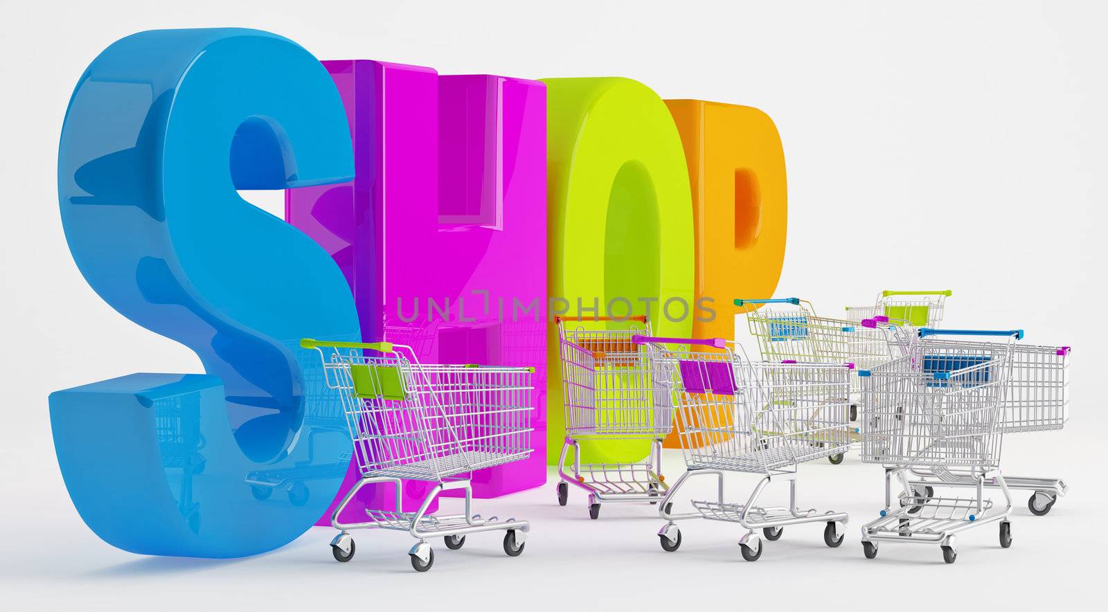 Many shopping carts are near the big letters