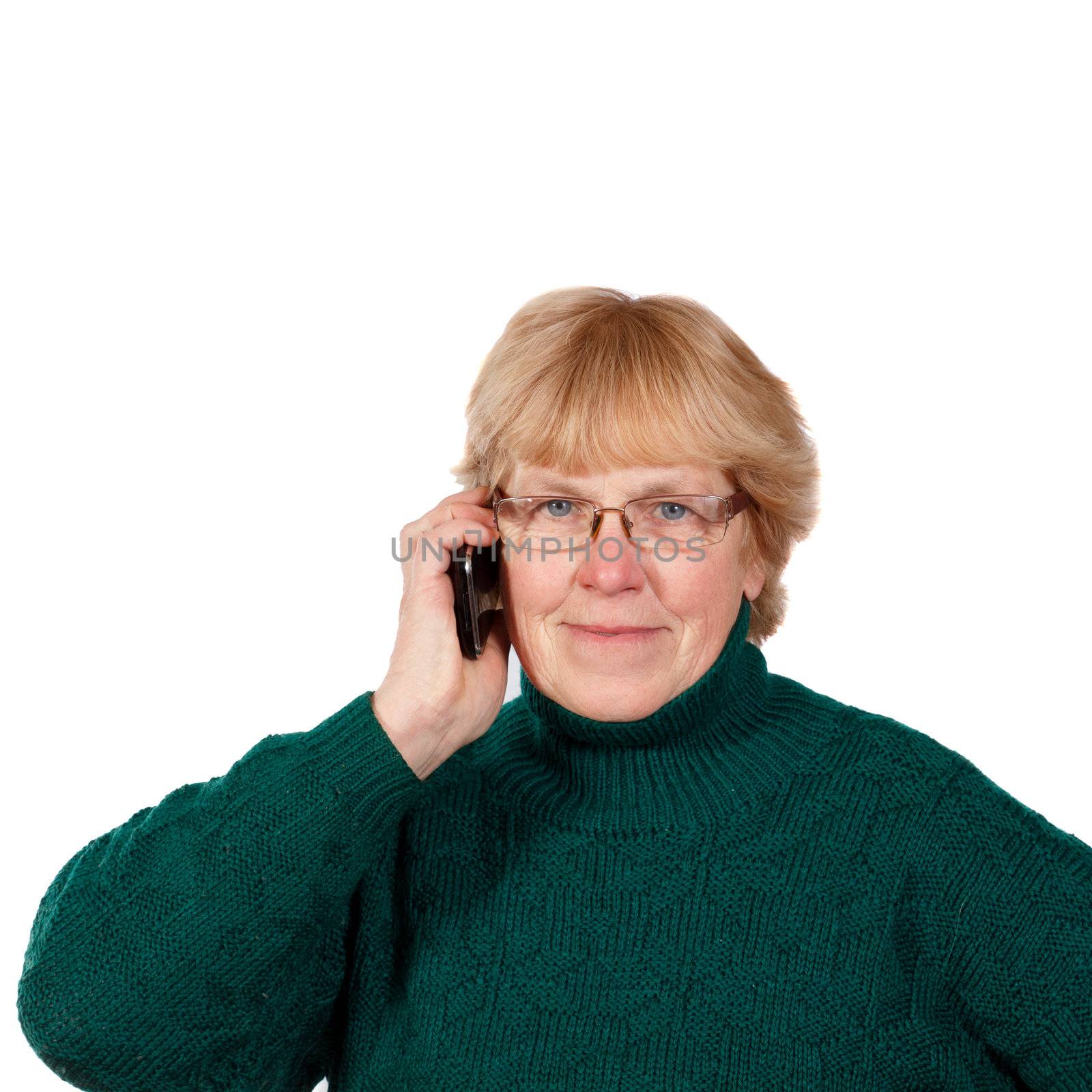 old woman talking on the phone against white background