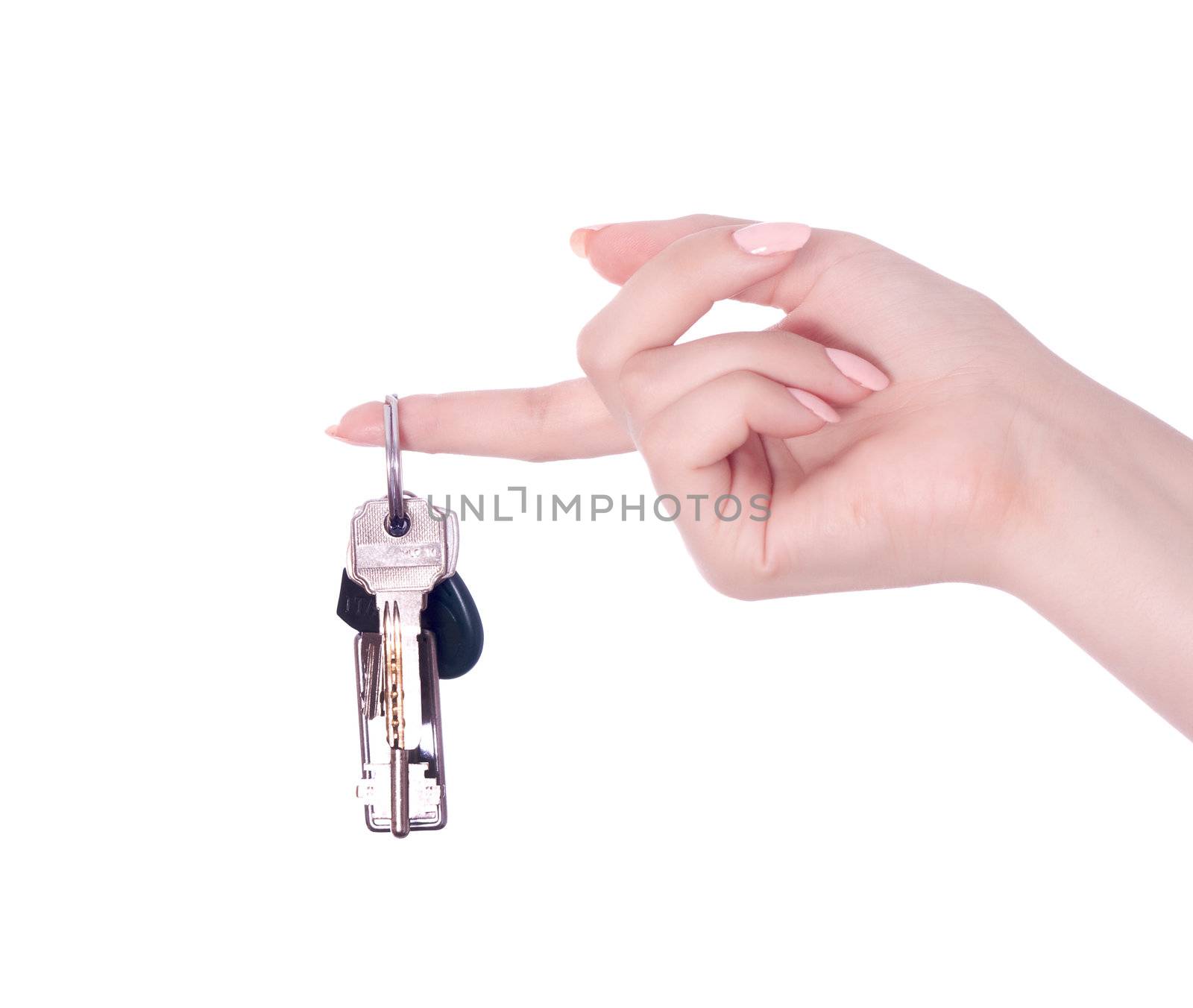 Hand and keys isolated on white background