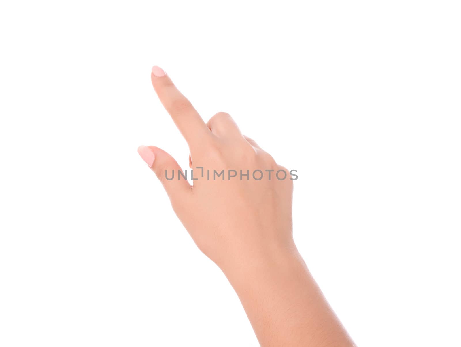 Hand simulating pressing a button. Isolated on white background