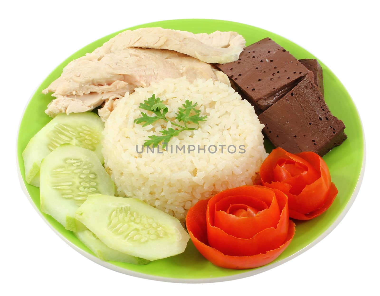 Thai food gourmet steamed chicken with rice , khao mun kai in wood background