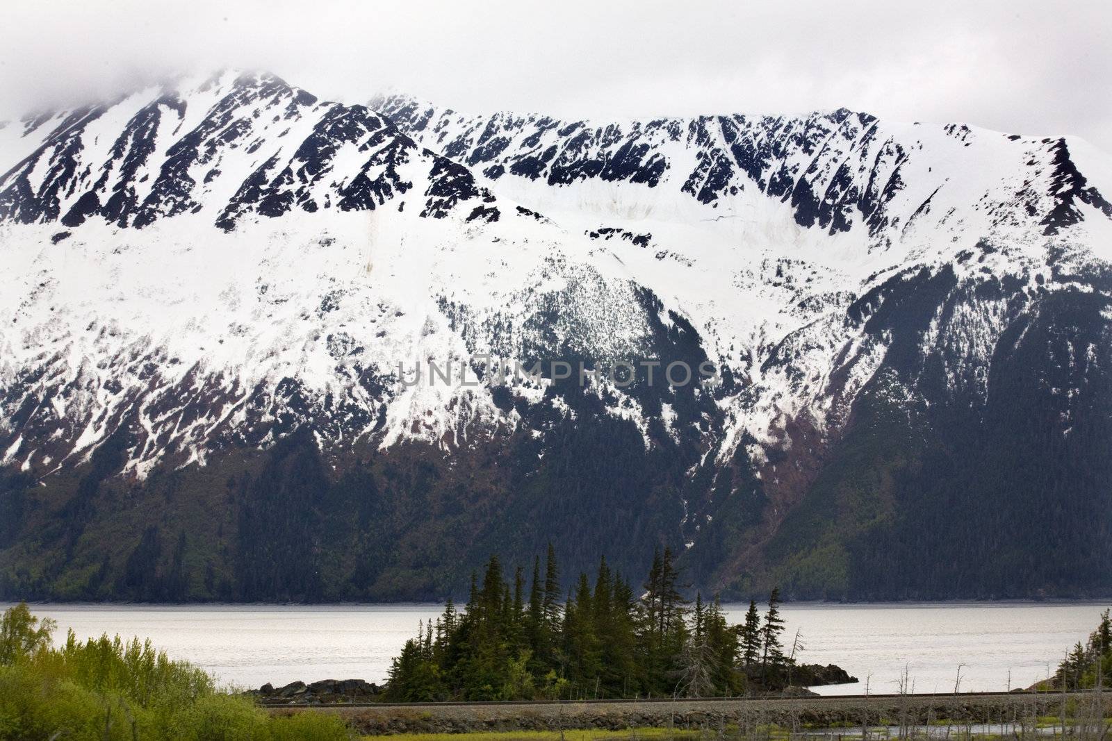 Snow Mountains Close Up Trees, Island, Ocean and Coastline, Seward Highway, Anchorage, Alaska

