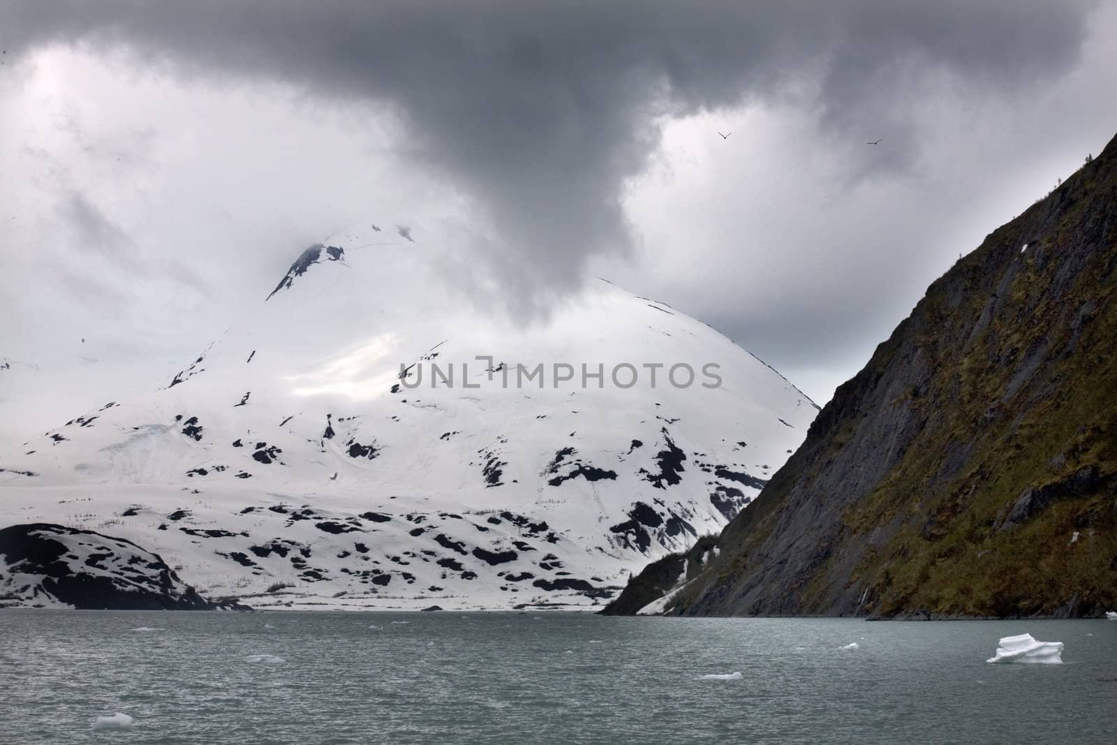 Portage Glacier Snow Mountain Under Overcast Sky Anchorage Alaska