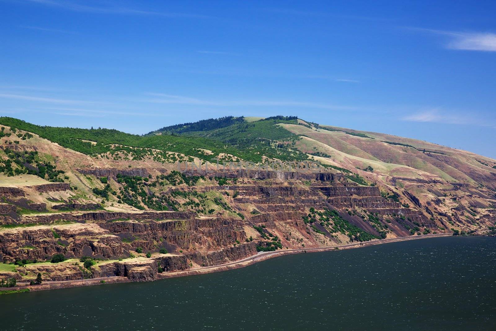 Eroded Ridges of the Columbia River Gorge on a blue sky day