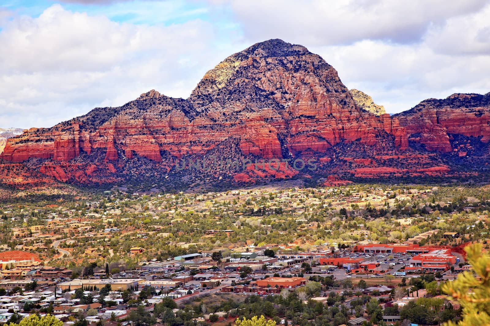 Capitol Butte Orange Red Rock Canyon Houses, Shopping Malls, Blue Cloudy Sky Green Trees Snow West Sedona Arizona