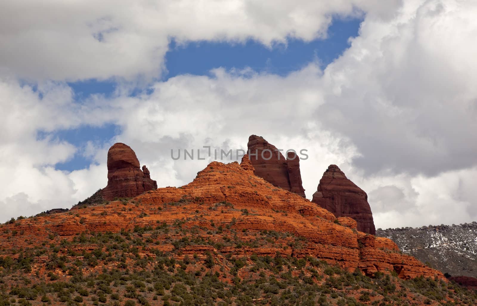 Snoopy Rock Butte Orange Red Rock Canyon Blue Cloudy Sky Green Trees Sedona Arizona