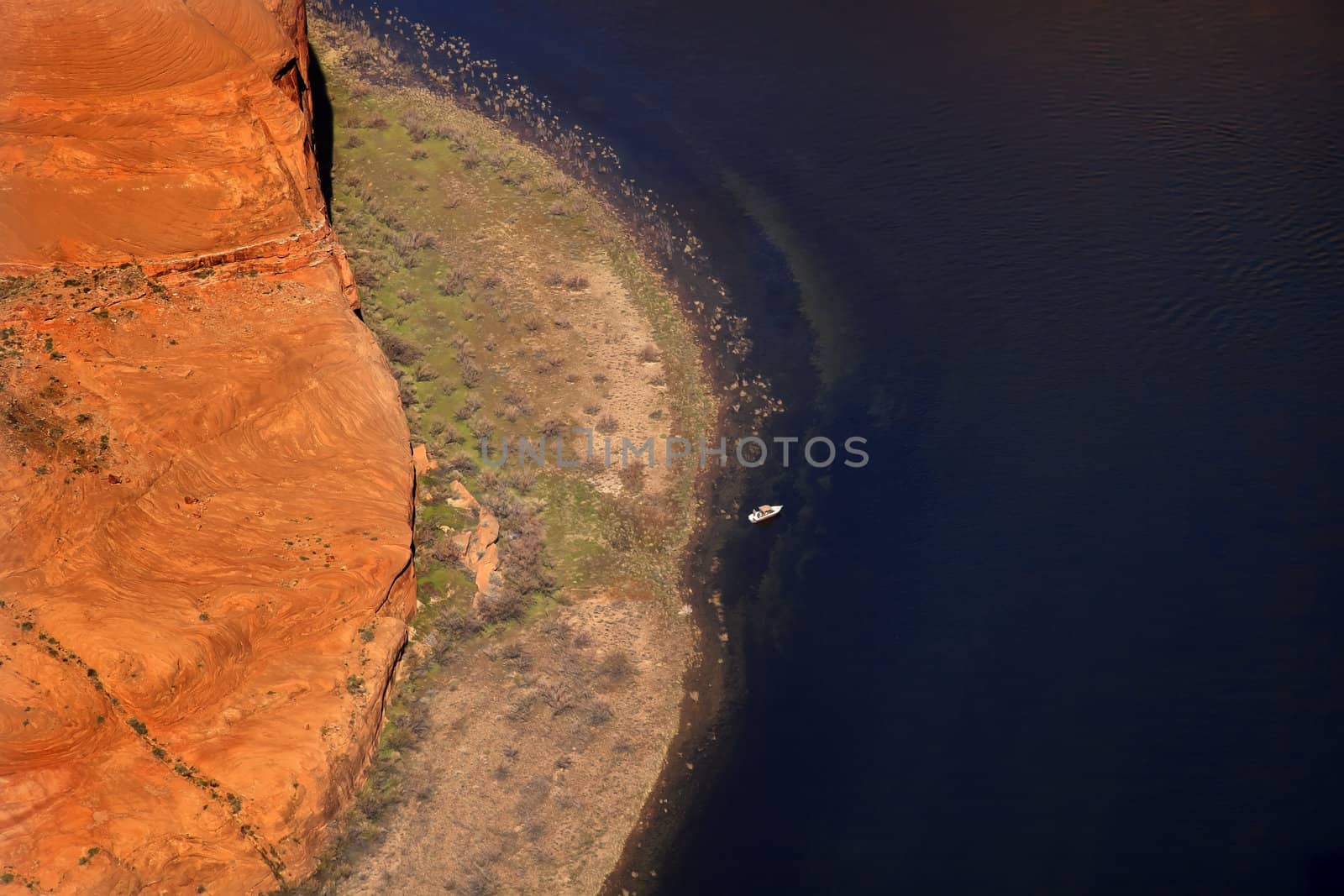 Small Fishing Boat Horseshoe Bend Orange Glen Canyon Overlook Blue Colorado River Entrenched Meander Page Arizona