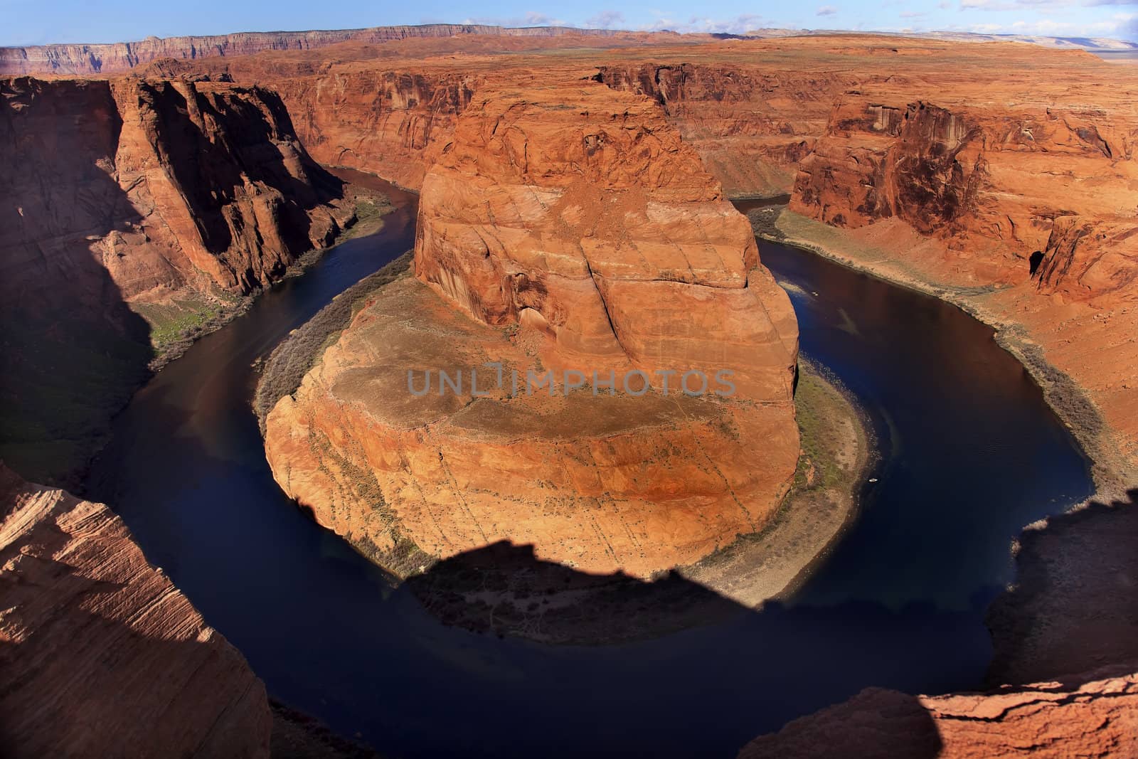 Horseshoe Bend Orange Glen Canyon Overlook Small Boat Blue Colorado River Entrenched Meander Page Arizona