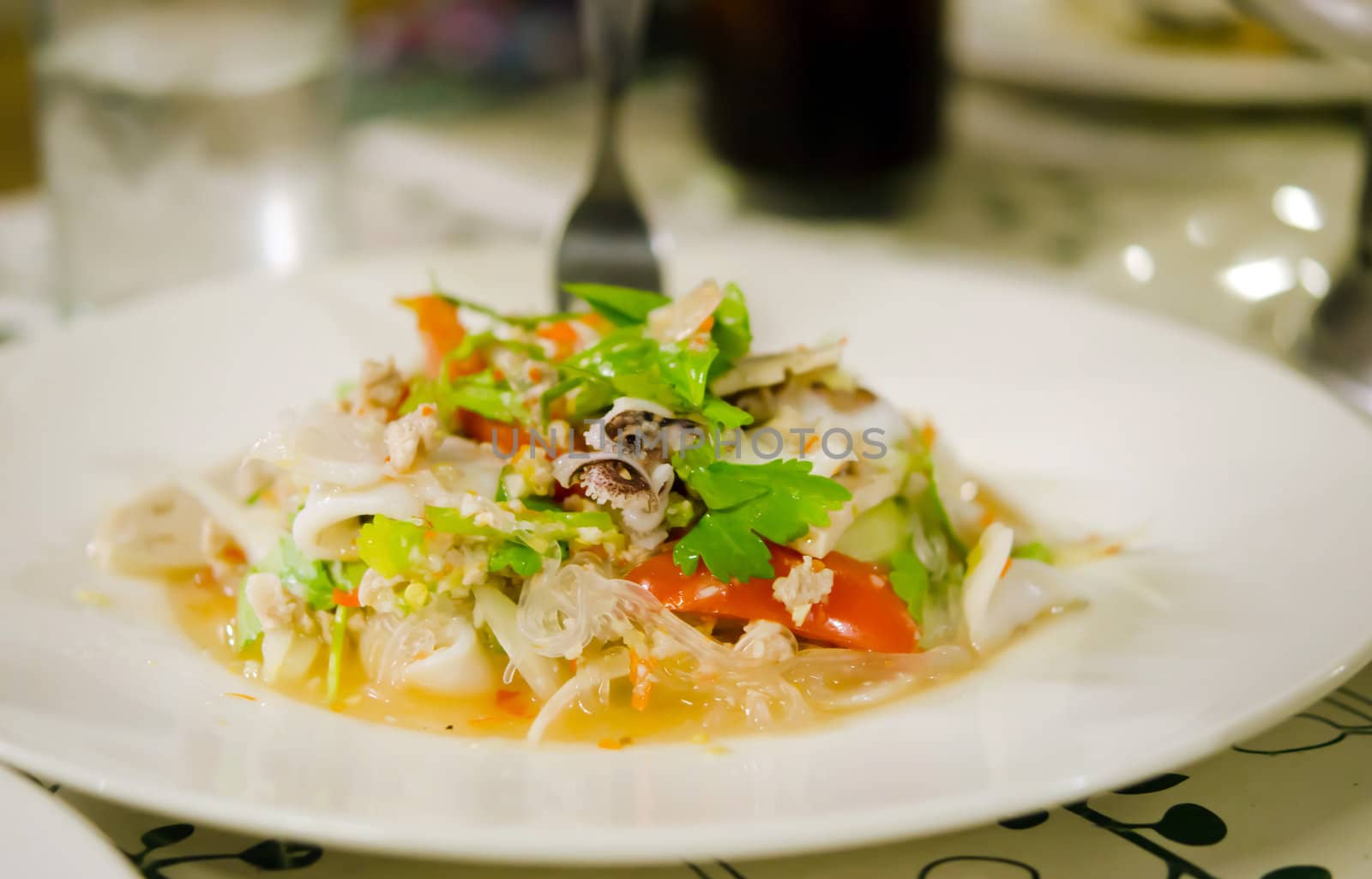 thai spicy  mix seafood and vegetable on pleate