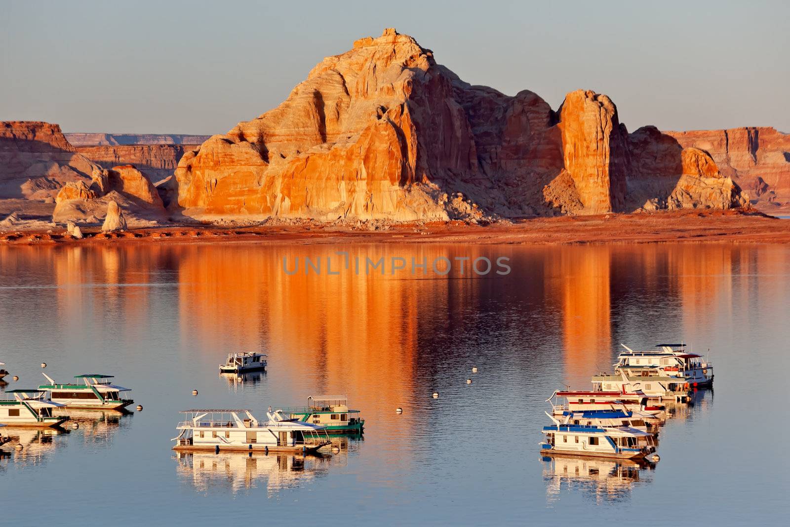 Castle Rock Reflection Wahweap Bay Marina House Boats Lake Powell Glen Canyon Recreation Area Arizona