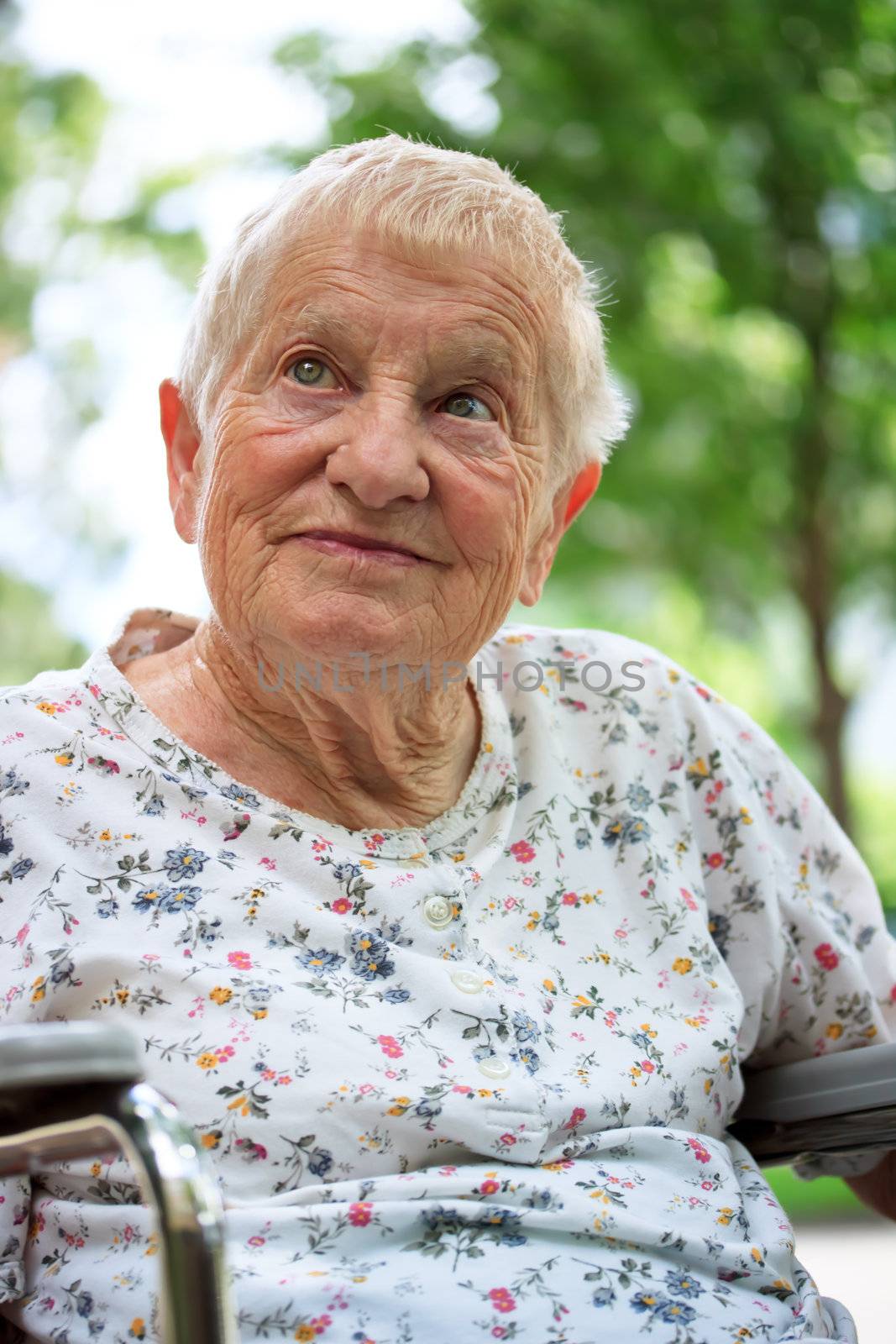 Happy senior lady in wheelchair relaxing outside