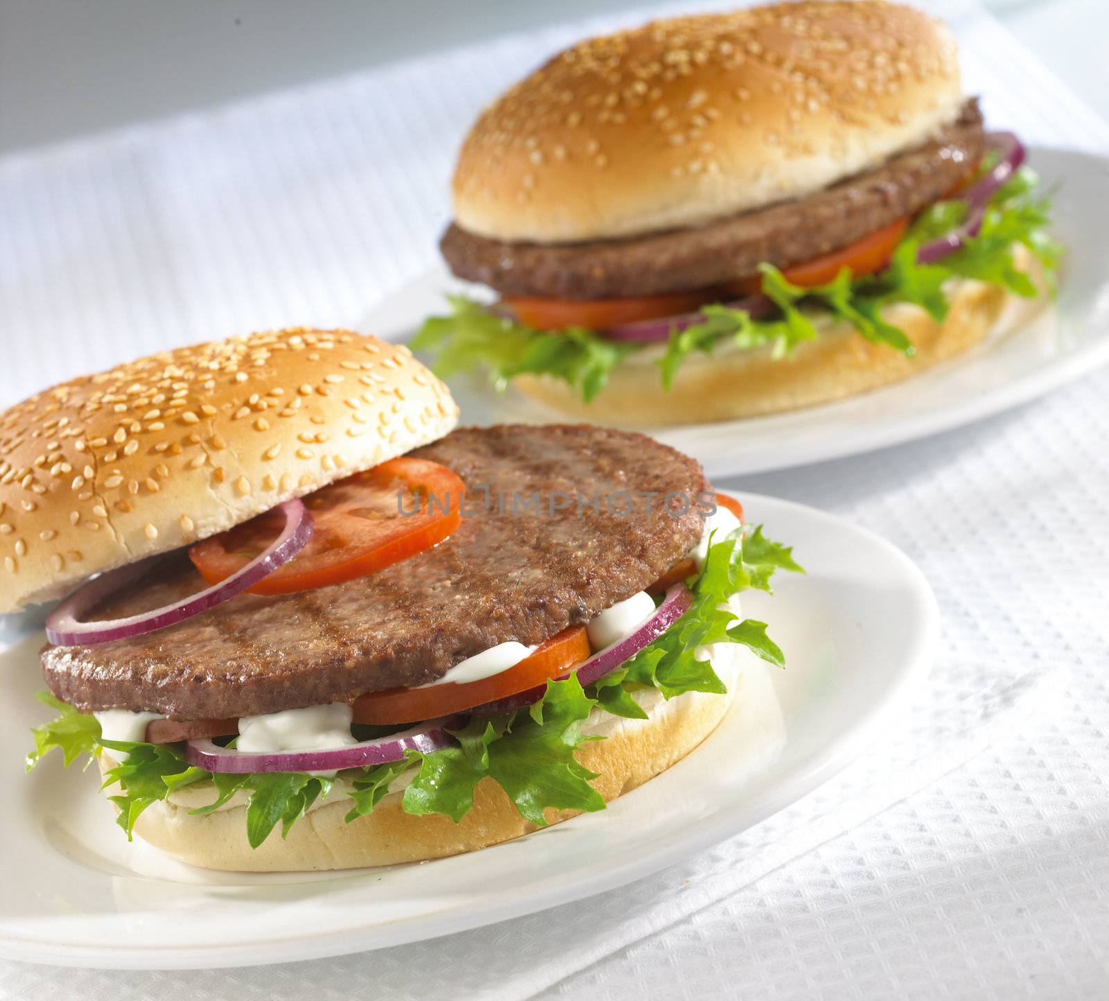 two delicious beef burgers served in plates