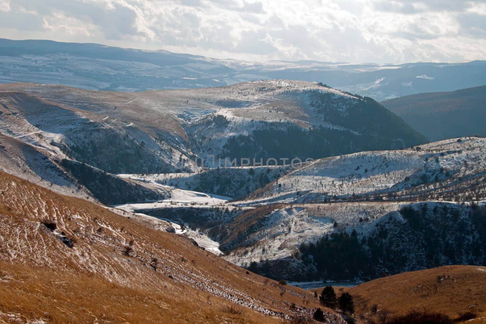 Snow covered mountain ridges in the Carpathians