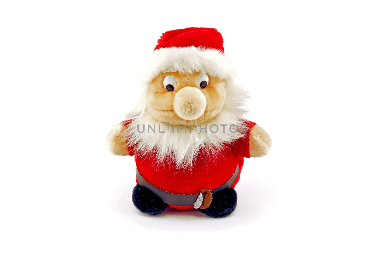 A plush figure dressed like Santa Claus