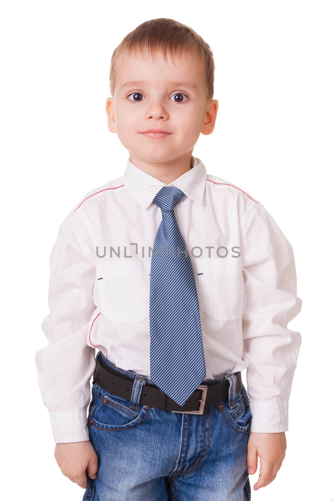 Calm clever preschool kid in shirt and jeans isolated on white background