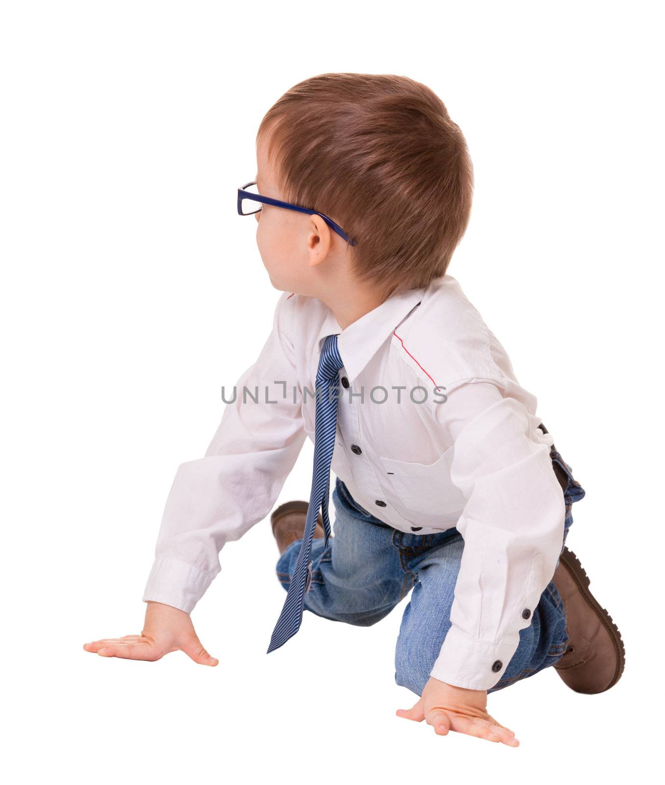 Small clever boy escape by crawling away isolated on white background