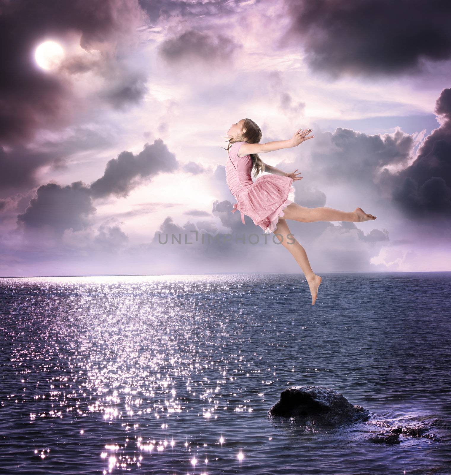 Little girl jumping into the night sky by melpomene