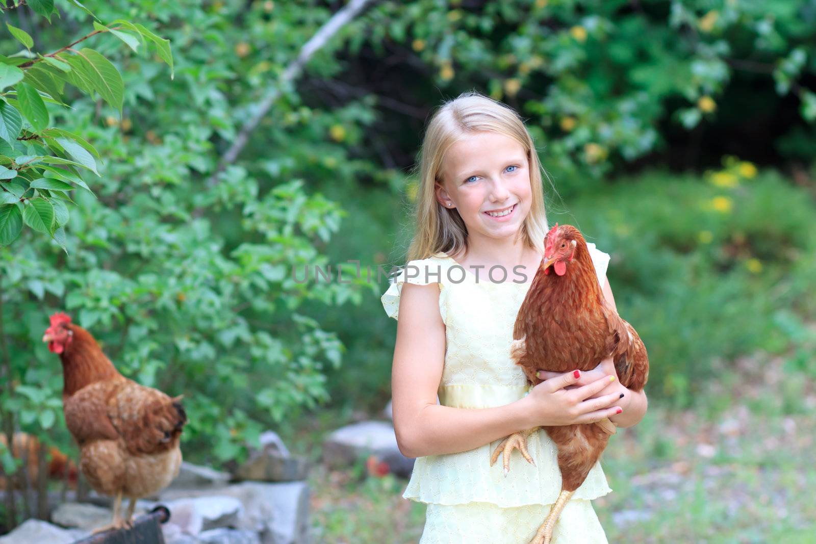 Young Blonde Girl in the Garden caring for Her Chickens in a Yellow Dress